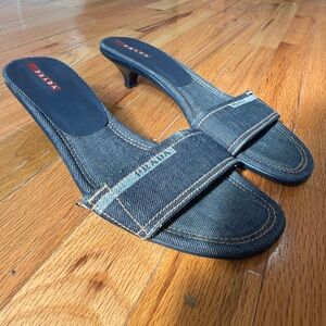 Prada Denim Kitten Heel Slides